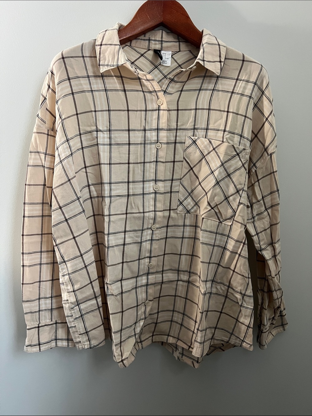 Divided H&M | 100% Cotton Cream Plaid Button-Down Shirt Size M